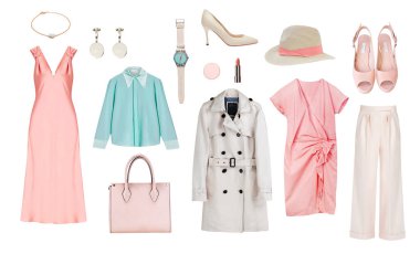 Güzel moda kadınlarının kıyafetleri, izole edilmiş kadınlar, kadın kıyafetleri koleksiyonu, bahar giysileri, pembe beyaz elbiseler, moda kıyafetleri ve aksesuar kolajı..