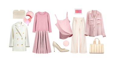 Beyaz üzerine izole edilmiş zarif kadın kıyafetleri. Koleksiyon pf pembe beyaz bej giysiler ve aksesuarlar. Moda görünüş, kolaj.