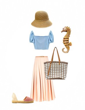 Güzel yaz kadın kıyafetleri seti, kıyafet koleksiyonu. Kadın modası, kolaj. Kıyafet..