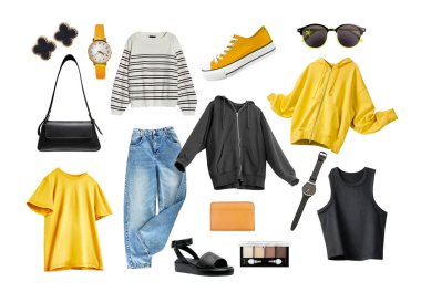 Modern gündelik spor kıyafetleri beyaz kadın kıyafetleri kolajına bulanmıştı..