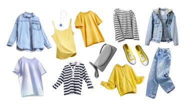 Parlak gündelik spor kıyafetleri seti, mavi ve sarı giysi kolajı, kadın kıyafetleri koleksiyonu gardırop ve aksesuarlar..