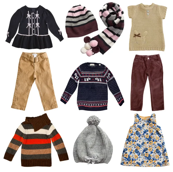 Cores de outono conjunto de roupas de criança. Colagem de desgaste infantil isolada . — Fotografia de Stock