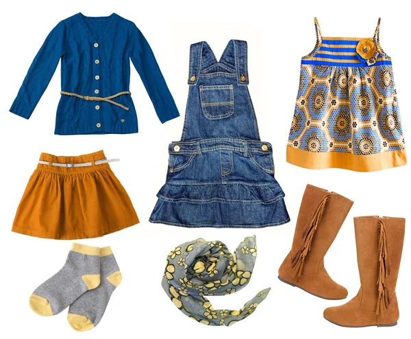 Fashion kid's clothing set.Collage of  child girl's clothes isol — Stock Photo, Image