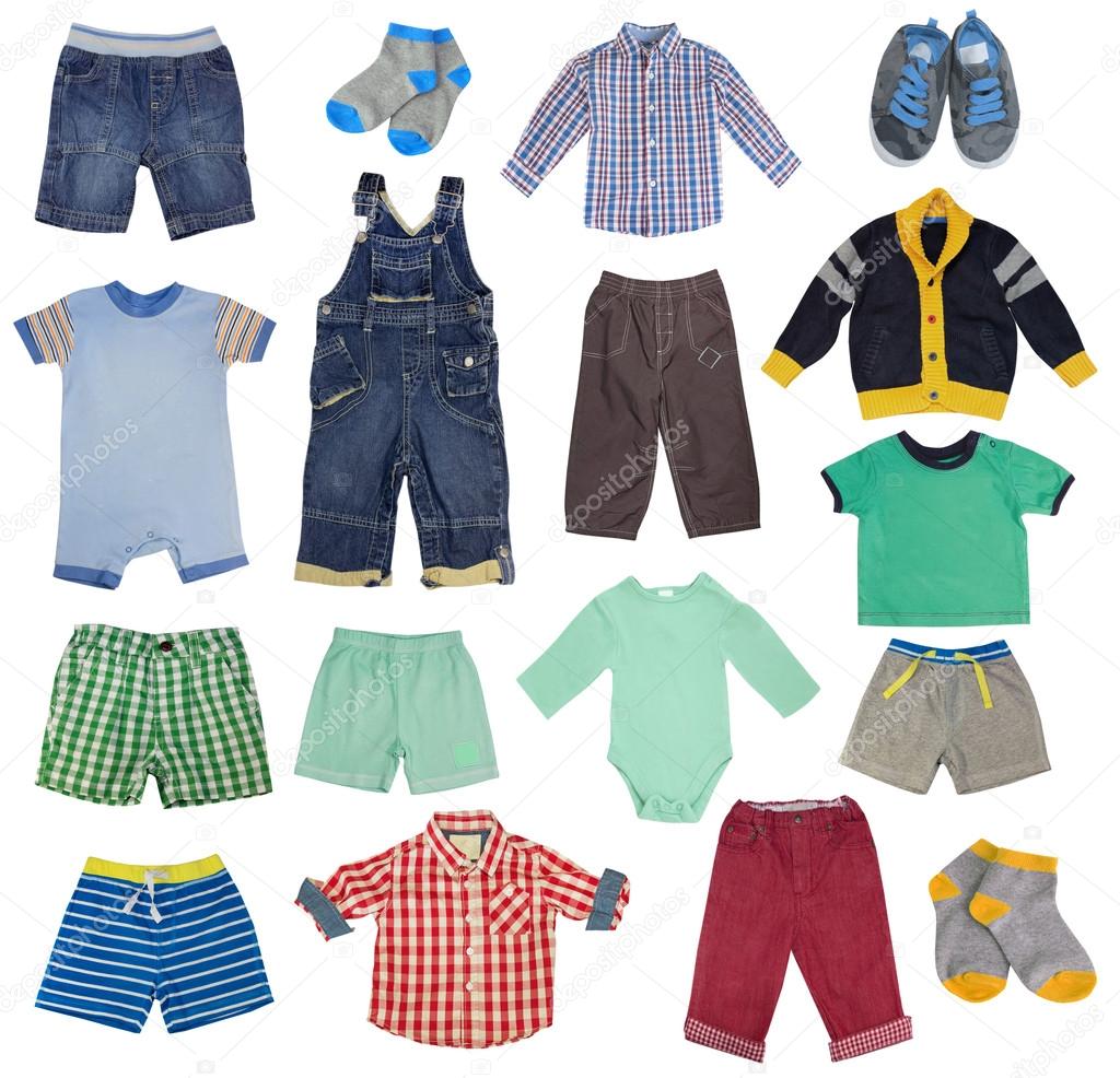 Ni o ni o ropa conjunto aislado en blanco . Ilustraci n de stock