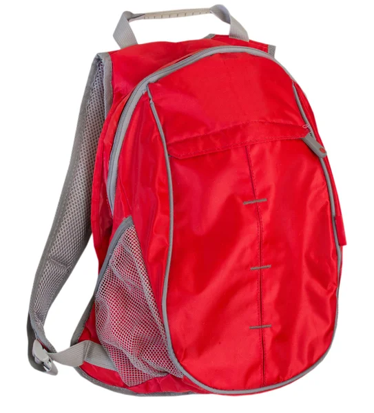 Roter Schulrucksack isoliert auf weißem Reiserucksack schließen — Stockfoto