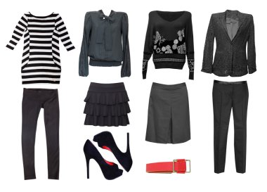 Siyah Bayan giyim ayarlayın. İzole kolaj kadın giyim.