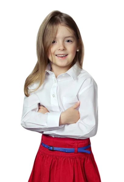 Dziecko dziewczynka szczęśliwy twarz uśmiechający się na białym tle. — Zdjęcie stockowe