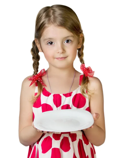 Copil fată gol ține farfurie izolat pe alb . — Fotografie, imagine de stoc