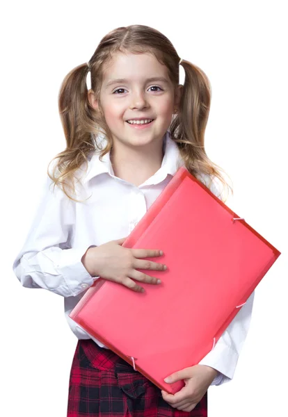 Παιδί κορίτσι απομονωθεί Καυκάσιος κρατά φάκελο βιβλίο. — Φωτογραφία Αρχείου