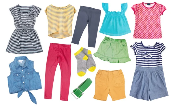 Child girl cotton bright summer clothes set collage isolated. — Stock Photo, Image