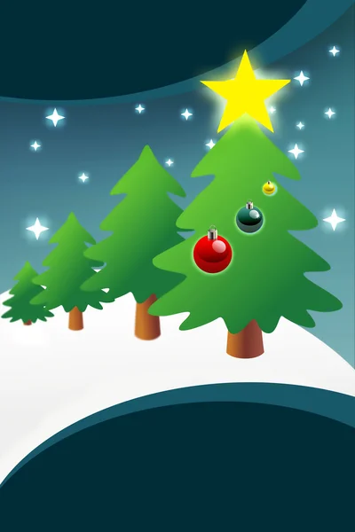 Kerstboom met ballen en ster in de bossen — Stockfoto