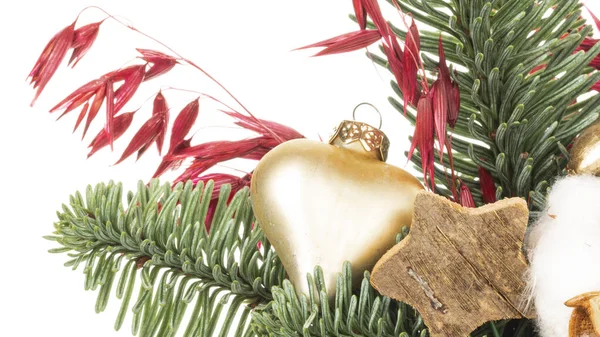 Kerst Speelgoed Decoraties Met Groene Sparren Houten Ster Glas Gouden — Stockfoto