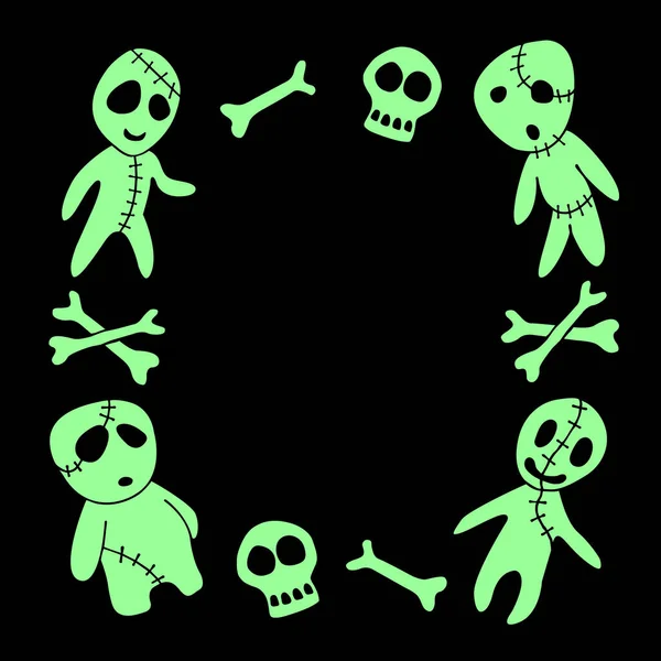 Happy Halloween Square Frame Holiday Design Characters Zombies Bones Skulls — Stock Vector