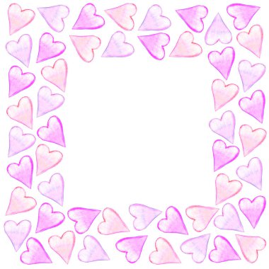 Geçmişi, suluboya kalplerin çerçeveleri. El çizimi. Doğum günü için aşk teması, Sevgililer Günü, tebrik kartı, düğün, baskı.