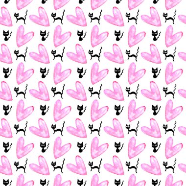 Kalpleri ve kedileri olan hoş, kusursuz bir desen. Geçmişin romantik dokusu, ambalaj kağıdı, ambalaj kağıdı, tebrik kartları, baskılar, kapaklar, kumaş, tekstil, doğum günü, Sevgililer Günü.