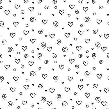 El çizimi pürüzsüz retro desen, siyah kalplerle benekli benek. Duvar kağıdı, baskı dolguları, web sayfası arkaplanı, yüzey dokuları için kullanılabilir.