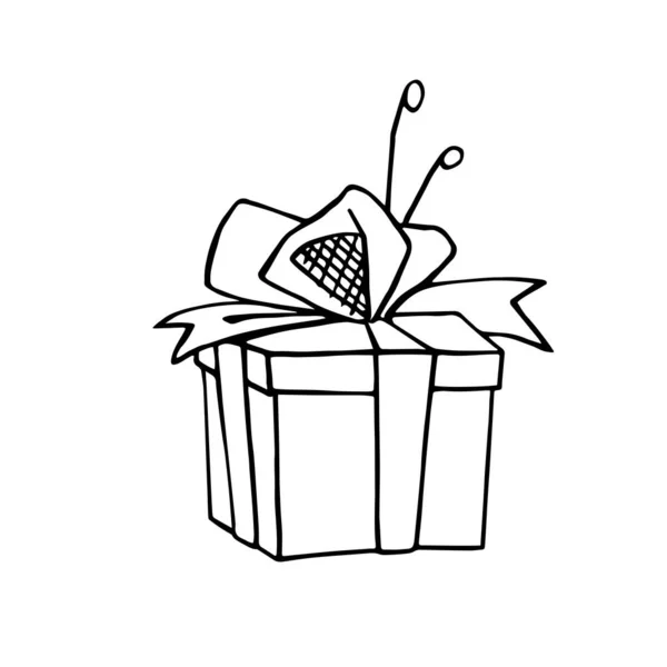 Vektorový Obrys Ručně Kreslené Obrázek Dárkové Krabice Stylu Doodle Slavnostní — Stockový vektor