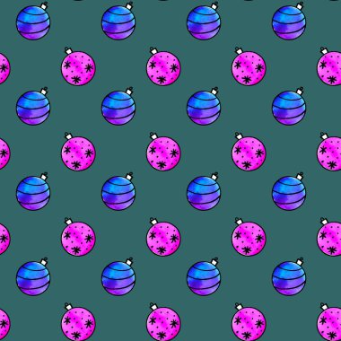 Suluboya Noel ağacı toplarıyla kusursuz desen. Yeni yıl Xmas arka plan dokuları. Tebrik kartları, ambalaj kağıtları, ambalajlar, kumaşlar, takvimler, baskılar, logolar, afişler, posterler, web.