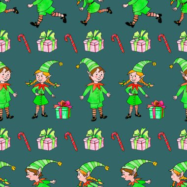 Bir dizi Noel elfi ile kusursuz desen. Xmas ve yeni yıl geçmişleri ve dokuları. Sınır, tebrik kartları için bitiş, ambalaj kağıdı, ambalaj, kumaş, baskılar, kenar dekorasyonları.