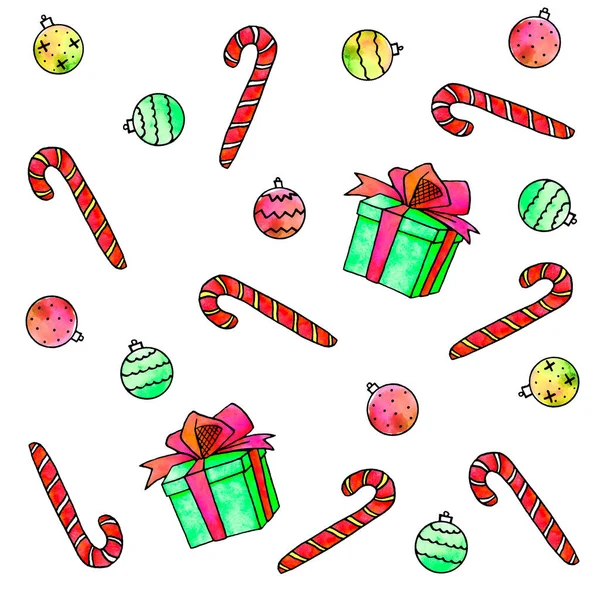 Újévi Karácsonyi Háttér Textúra Cukornád Édességek Karácsonyfa Labdák Ajándékdobozok Üdvözlőlapokhoz — Stock Fotó
