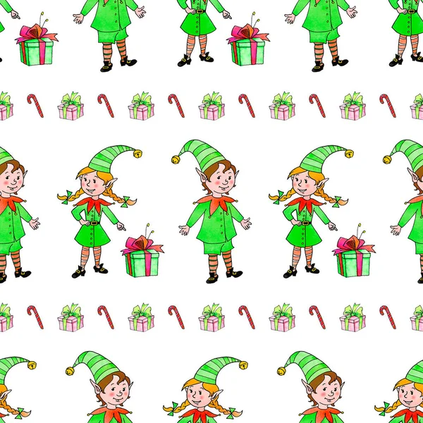 Naadloos Patroon Met Een Rij Kerstelfen Kerst Nieuwjaar Achtergronden Texturen — Stockfoto