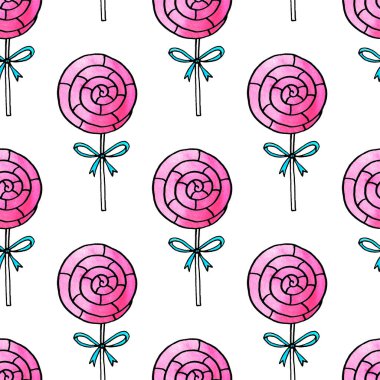Lolipoplarla kusursuz desen. Şirin pembe suluboya el, tatil arkaplanlarına ve dokularına şeker çizmiş. Sevgililer Günü için, doğum günü, tebrik kartları, ambalaj kağıtları, çocuklar tekstil giyer..