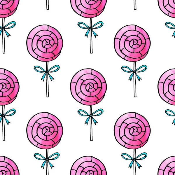 Бесшовный Рисунок Леденцами Симпатичная Розовая Акварель Нарисованная Вручную Праздничных Бэкграундах — стоковое фото
