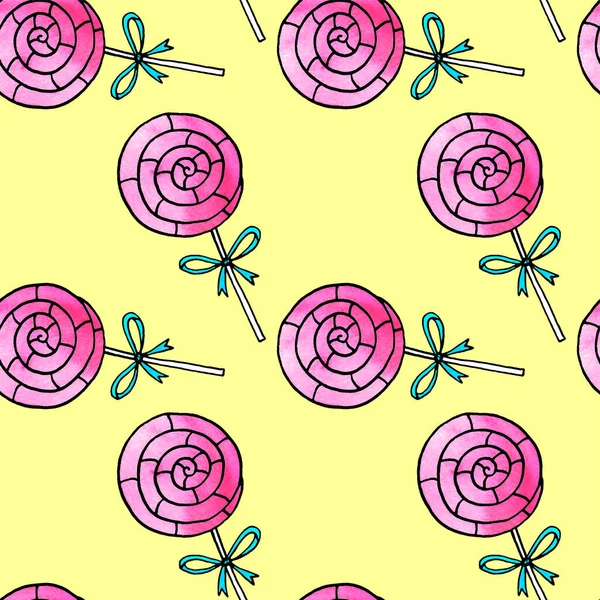 Nahtloses Muster Mit Lutschern Niedliche Rosa Aquarell Handgezeichnete Süßigkeiten Auf — Stockfoto