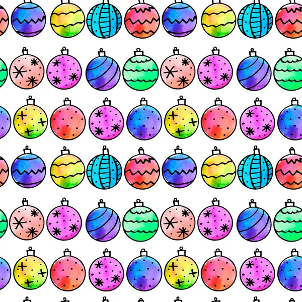 Seamless Pattern Watercolor Christmas Tree Balls New Year Xmas Backgrounds — Stock Photo, Image