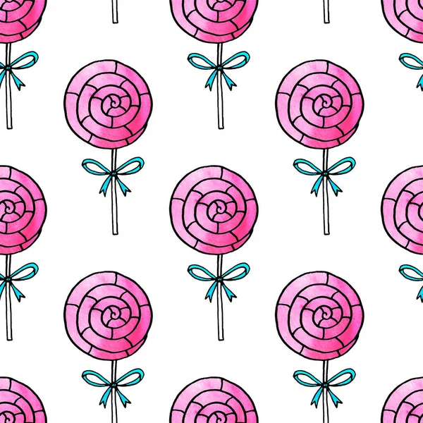 Seamless Pattern Lollipops Cute Pink Watercolor Hand Drawn Sweets Holidays — Stock Photo, Image