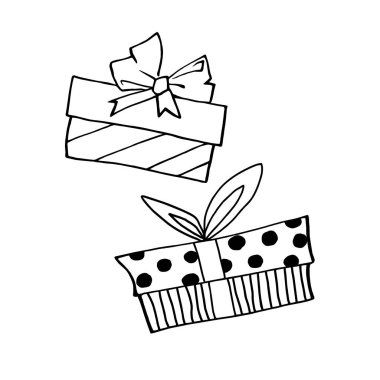 Doodle tarzında hediye kutularının el çizimi çizimi. Noel için şenlikli tasarım öğesi, Sevgililer günü, doğum günü, yeni yıl, diğer tatiller.