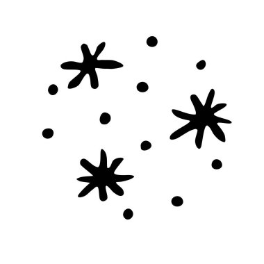 Siyah kar taneleri beyaz arka planda izole edilmiş. Çizgi, karalama, el çizimi. Xmas, Yeni Yıl, tasarım ve ikonların kış unsurları. Basit vektör illüstrasyonu.