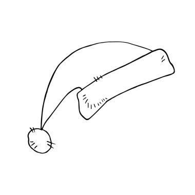 Beyaz arka planda izole edilmiş siyah çizgili Noel Baba şapkası ya da karalama tarzında uyku şapkası. El yapımı kostüm, kışlık kıyafetler, Noel ve Yeni Yıl tasarımı.