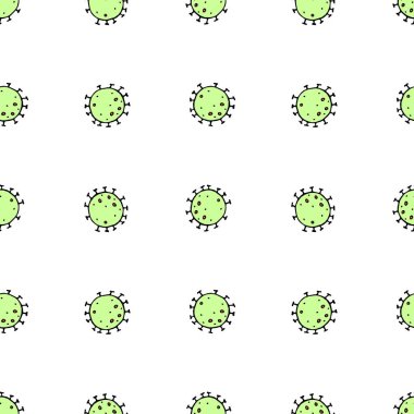 Moleküllerin kusursuz deseni, virüs hücreleri, bakteriler. Salgın, salgın covid-19. Karantina teması, koronavirüsün yayılması, aşı. Çizim biçimi izole edilmiş vektör el arkaplanı.