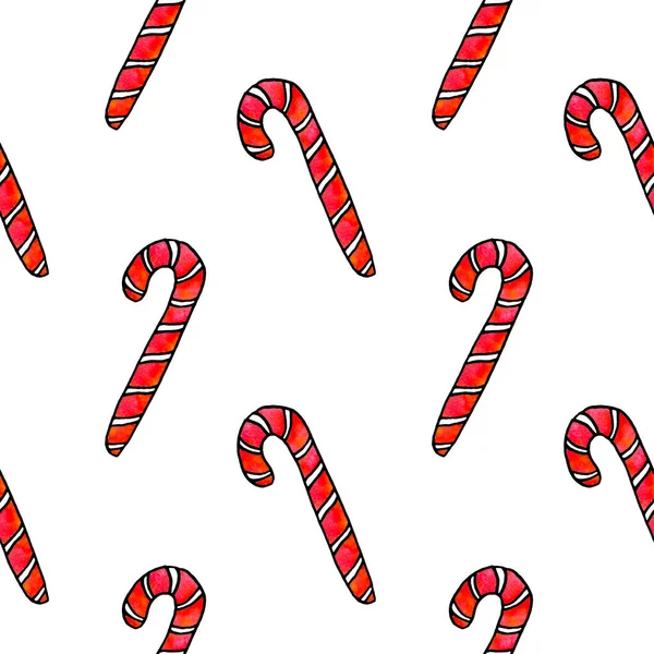 Aquarell Zuckerrohr Süßigkeiten Lutscher Nahtlose Handgezeichnete Muster Neujahr Und Weihnachten — Stockfoto