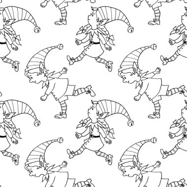 Kusursuz desenli, çizgili Noel elfleri. Yeni yıl Xmas elleri arka plan ve dokuları çizer. Tebrik kartları, ambalaj kağıdı, ambalaj, tekstil, kapak, boyama kitabı.