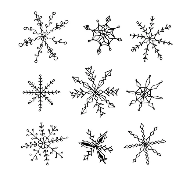 Set Van Zwarte Sneeuwvlokken Geïsoleerd Witte Achtergrond Lijnkunst Doodle Schets — Stockfoto