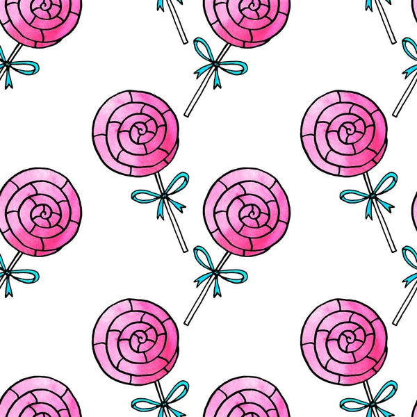 Płynny Wzór Lizakami Cute Różowy Akwarela Ręcznie Rysowane Słodycze Tle — Zdjęcie stockowe