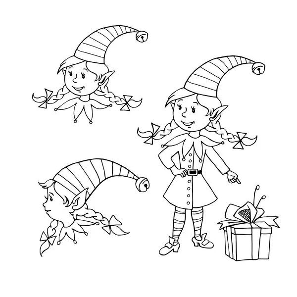 Leuke Kleine Kerst Elf Meisje Vector Hand Getekend Schets Cartoon — Stockvector