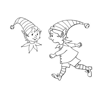 Sevimli küçük Noel Elf çocuğu. Vektör el çizilmiş çizgi film karakteri. Yeni yıl ve xmas tasarımı için basit illüstrasyon, tebrik kartları, takvimler, baskılar, çocuk boyama kitabı.