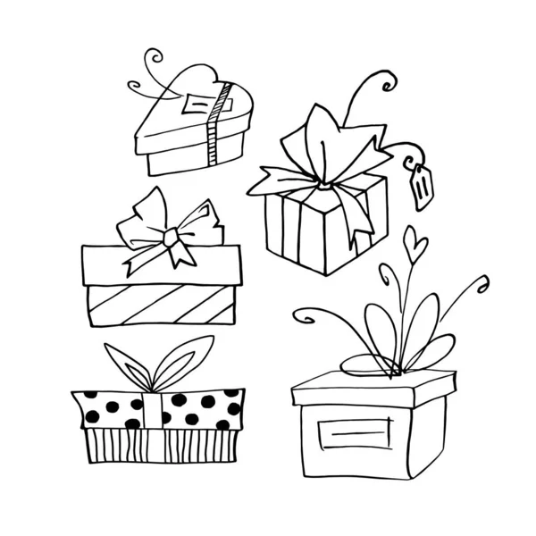 Conjunto Vector Bosquejo Dibujado Mano Imágenes Cajas Regalo Estilo Doodle — Vector de stock