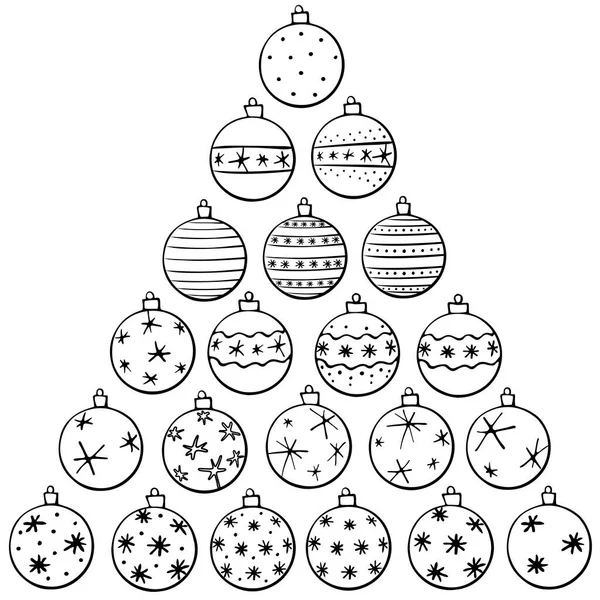Noel ağacı toplarının vektör üçgeni. Boyama kitabı, tebrik kartları, takvimler ve baskılar için yılbaşı ve Xmas illüstrasyonu. Siyah beyaz taslak, karalama, el çizimi.