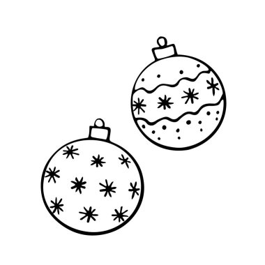 Vektör Noel ağaç topları seti. Yeni yılın elementleri ve xmas tasarımı karalama tarzında, izole. Tebrik kartları, takvimler, baskılar, boyama kitabı için basit el çizimi çizimi.