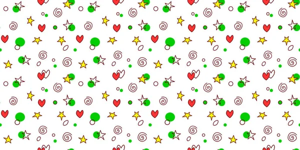 Бесшовный Рисунок Простых Элементов Звезды Сердца Точки Круга Кольца Спирали — стоковый вектор