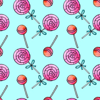 Lolipoplarla kusursuz desen. Şirin pembe suluboya el, tatil arkaplanlarına ve dokularına şeker çizmiş. Sevgililer Günü için, doğum günü, tebrik kartları, ambalaj kağıtları, çocuklar tekstil giyer..