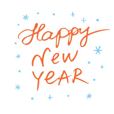 El yazısıyla kırmızı turuncu kaligrafi. Beyaz arka planda kar taneleri olan mutlu yıllar. Mektup, başlık, afiş tasarım unsuru, tebrik kartı, davetiye, kartpostal. Vektör illüstrasyonu.