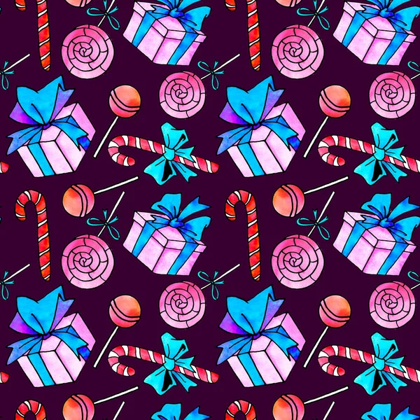 Seamless Pattern Watercolor Candy Canes Sweets Lollipops Gift Boxes Hand — Stock Photo, Image