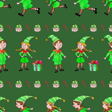 Bir dizi Noel elfi ile kusursuz desen. Xmas ve yeni yıl geçmişleri ve dokuları. Sınır, tebrik kartları için bitiş, ambalaj kağıdı, ambalaj, kumaş, baskılar, kenar dekorasyonları.