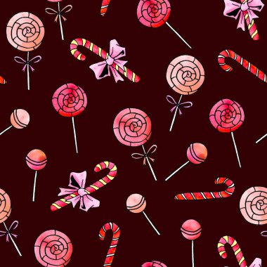 Kusursuz el çizimi desen. Suluboya şeker, şeker, lolipop. Yeni yıl, Noel, tatil geçmişleri ve dokuları. Tebrik kartları, ambalaj kağıdı, kumaş, baskı için..