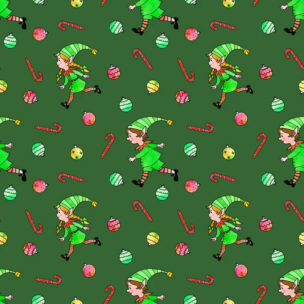 Padrão Sem Costura Com Elfos Natal Cana Açúcar Doces Bolas — Fotografia de Stock